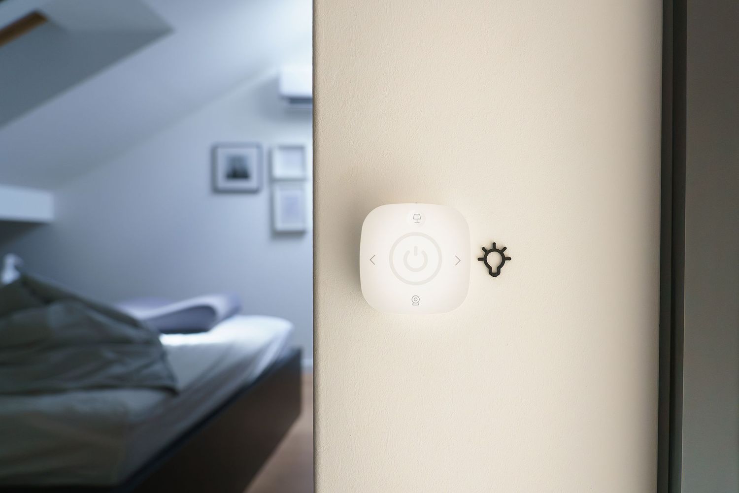 A smart home control panel mounted on an interior wall