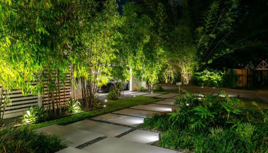 Path and driveway lighting: ground-level fittings washing across paving slabs, uplights pushing the planting up and back.