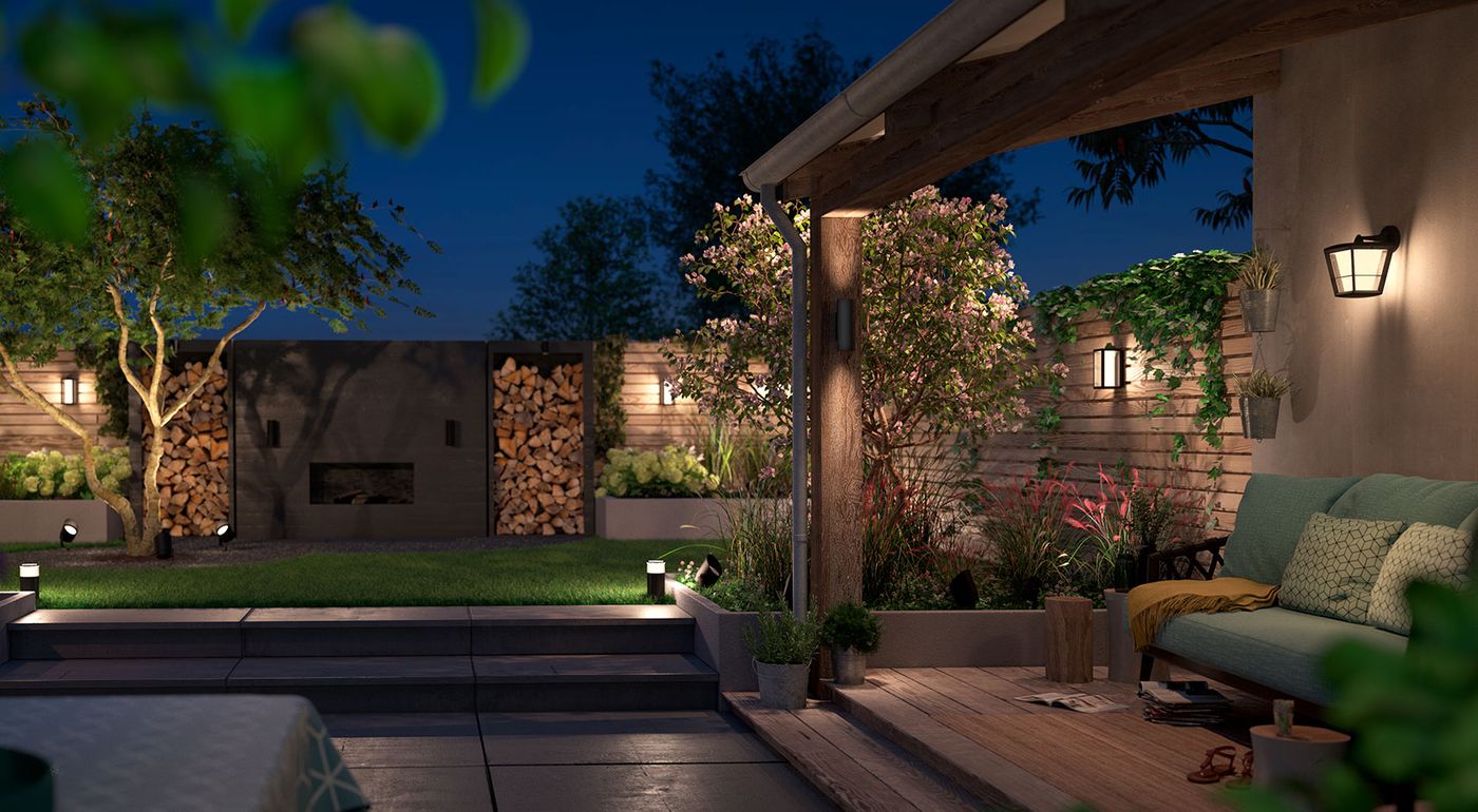 A garden lighting scheme glowing at dusk