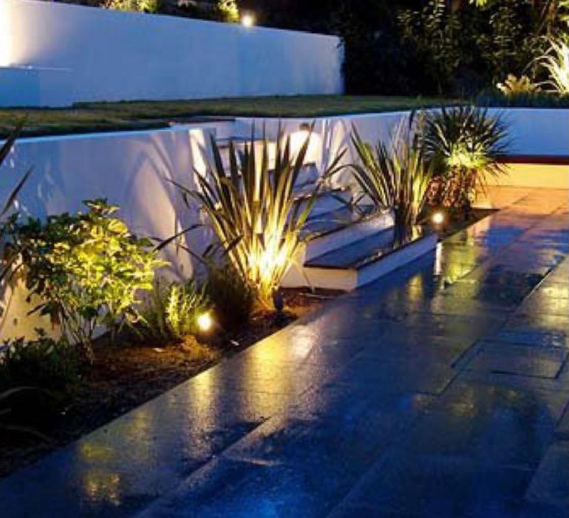 Rendered walls grazed from ground level and spike lights through the planting — a wet terrace doing most of the work as a reflector.
